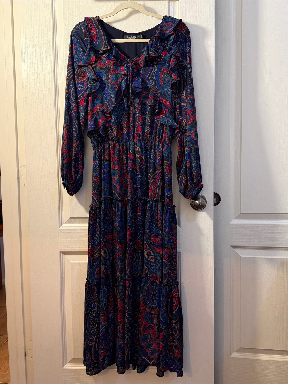 Lauren Ralph Lauren Navy Blue and Red Paisley Ruffle Maxi Dress